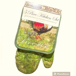 5 Pcs~Kitchen Rooster 1~Oven Mitt & 2~Kitchen Towels & 2~Pot Holders 100%Cotton